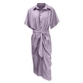 thumbnail image 5 of Bigersell Vintage Dress for Women Fashion Women's Summer Casual Short Sleeve Solid Button Split Opening Dress Evening Dresses for Female Elegant Regular Bodycon Dresses, Style 15608, Purple L, 5 of 5