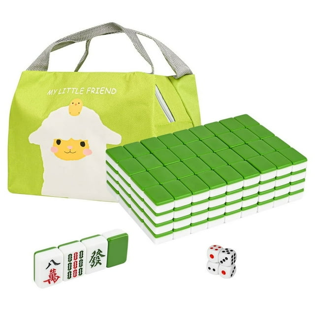 LEEYNEER Traditional Mini Chinese Mahjong Game Set 144 Tiles - Portable Handbag Green