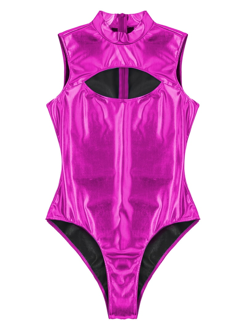 YiZYiF Womens Metallic Front Cutout Bodysuit Mock Neck High