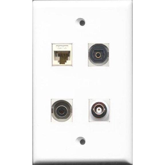 RiteAV 1 Port Toslink and 1 Port 3.5mm and 1 Port BNC and 1 Port Cat6 Ethernet White Wall Plate