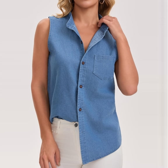 ClodeEU Women's Denim Collared Sleeveless Tank Top ,Button Down Shirts Casual Blouse Tops Blue,Womens Plus XXL
