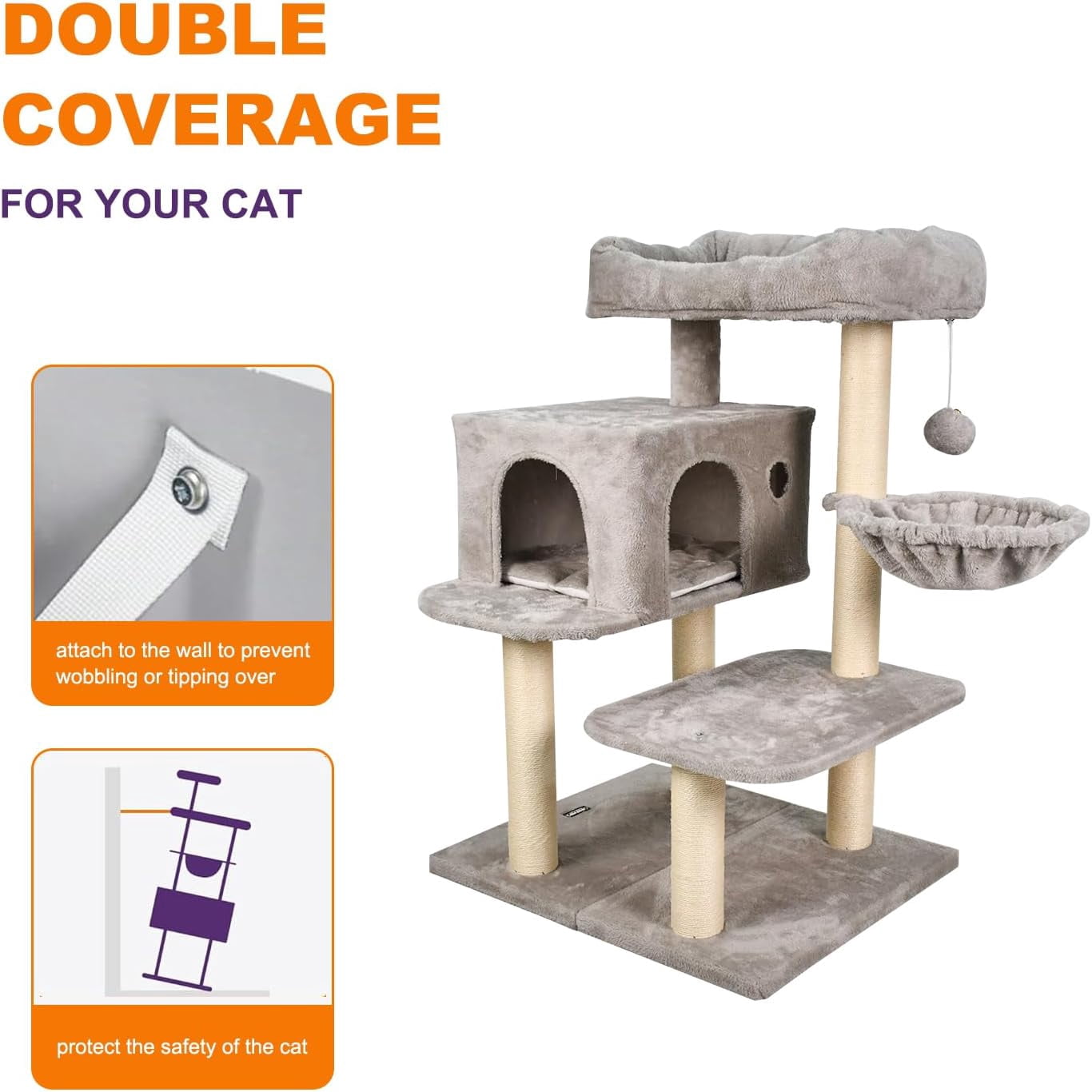 GOOPAWS 43-in Heavy-Duty Cat Tree for Large Cats, Multi-Level Tower with Sisal Scratching Posts, Plush Perch, Hammock & Condo Anti-Tip Design