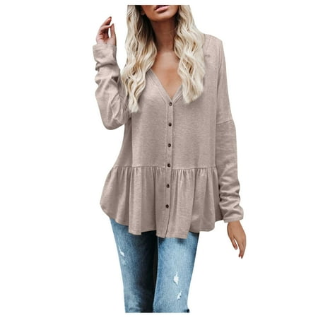 

Shirts Tunic Tops Long V-Neck Sleeve Womens T Blouse Casual Color Women Shirts Cotton T Shirts Women Soft Ruffle Shirts for Women Fitted Shirts Button for Women Pajama Shirt Women Denim Button Shirt