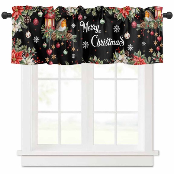 Christmas Bird Valances for Windows, Poinsettia Floral Holly Fruit Xmas Ball Black Light Filtering Window Treatment Valances, Rod Pocket Small Curtains for Kitchen/Bathroom, 42"x12"