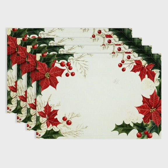 Fenyluxe  4 Christmas Place Mats Red Poinsettia Flower with Green Holly Leaves Table Mat for Holiday Dinner Doilies Xmas Winter Table Setting Dinner Party Home Decors 18x12in