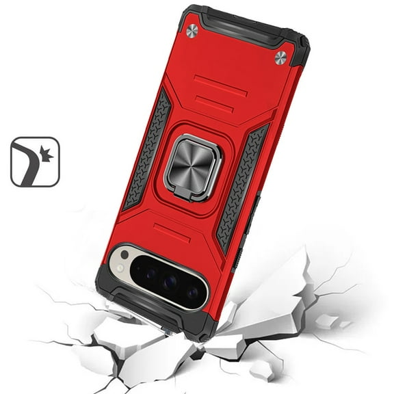 For Google Pixel 9 Pro XL (6.8") Armor Hybrid with Ring Holder Kickstand Shockproof Heavy-Duty Durable Rugged Dual Layer Cover ,Xpm Phone Case [ Red ]