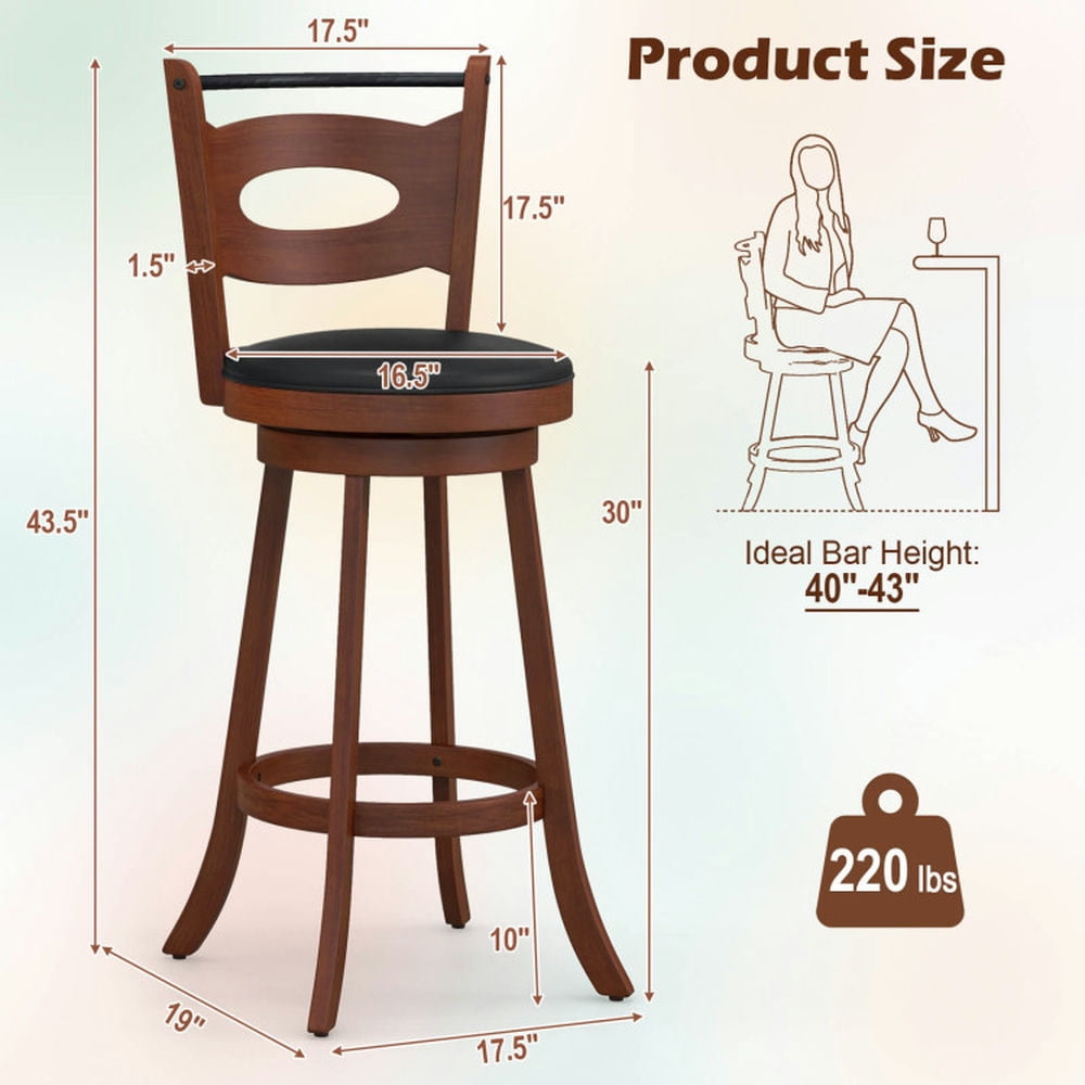 Demi Bonn 29" 2 Pieces Swivel Bar Stools with Curved Backrest and Seat Cushions, Modern Dining Chair, Brown