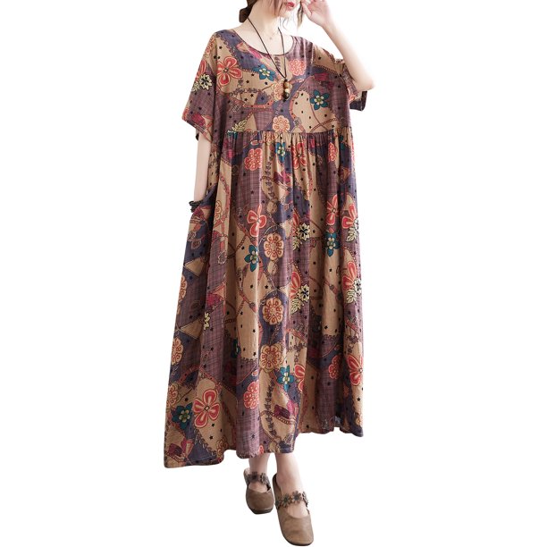 Vestido holgado para mujer con bolsillos, estampado vintage, manga corta, informal