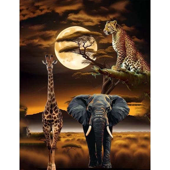 Guardians of the Savanna Elephant, Giraffe & Leopard Under the Moon - 12x16 Inch Unframed Canvas Poster
