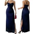 thumbnail image 4 of Women's Mesh Maxi Dress Backless Wedding Guest Dress Ruched Drawstring Bodycon Party Cocktail Dress Blue S, 4 of 10