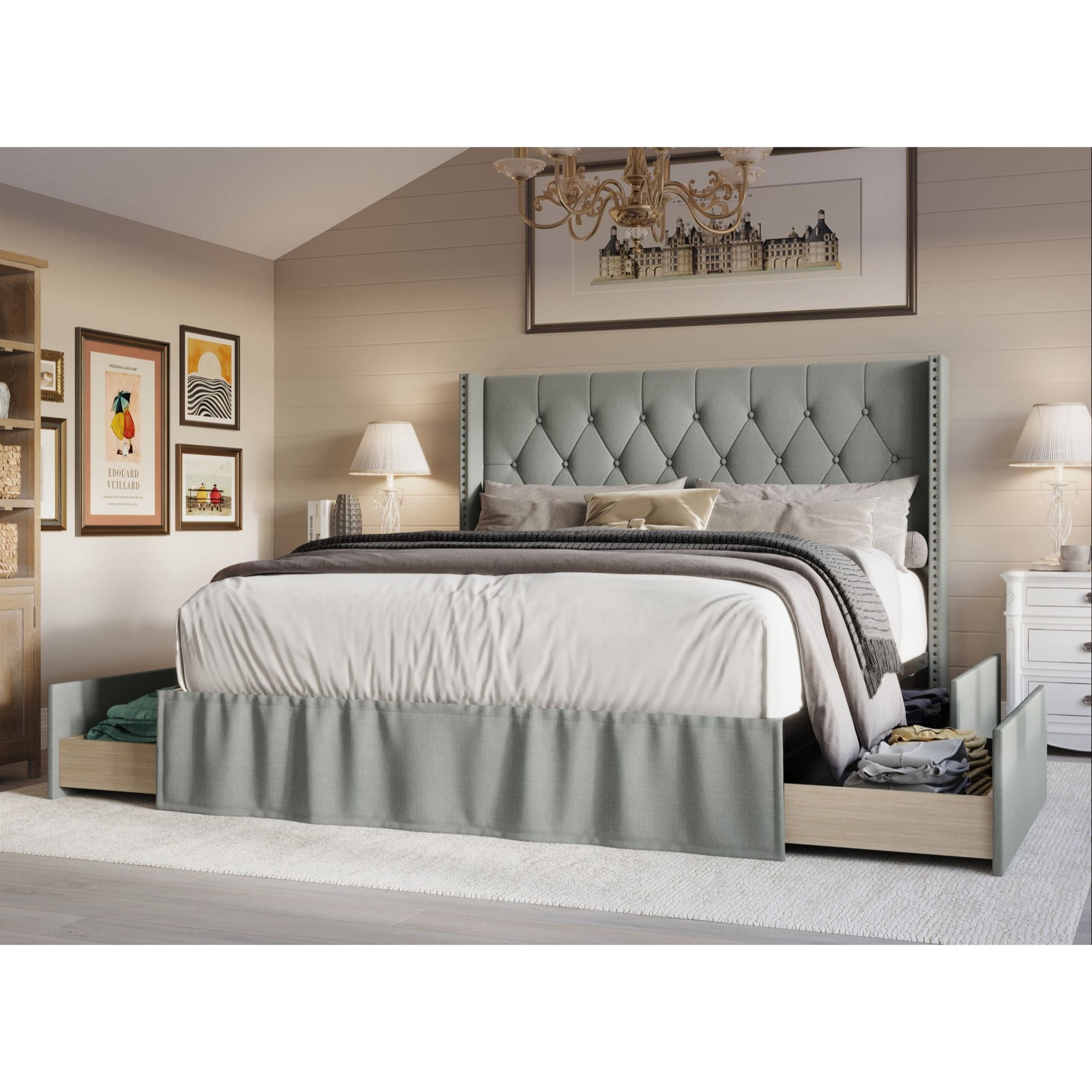 Home Design Andrea Full Upholstered Storage Panel Bed Frame, Button Tufted Linen Wingback Headboard, Gray – Modern Adult Bedroom Furniture
