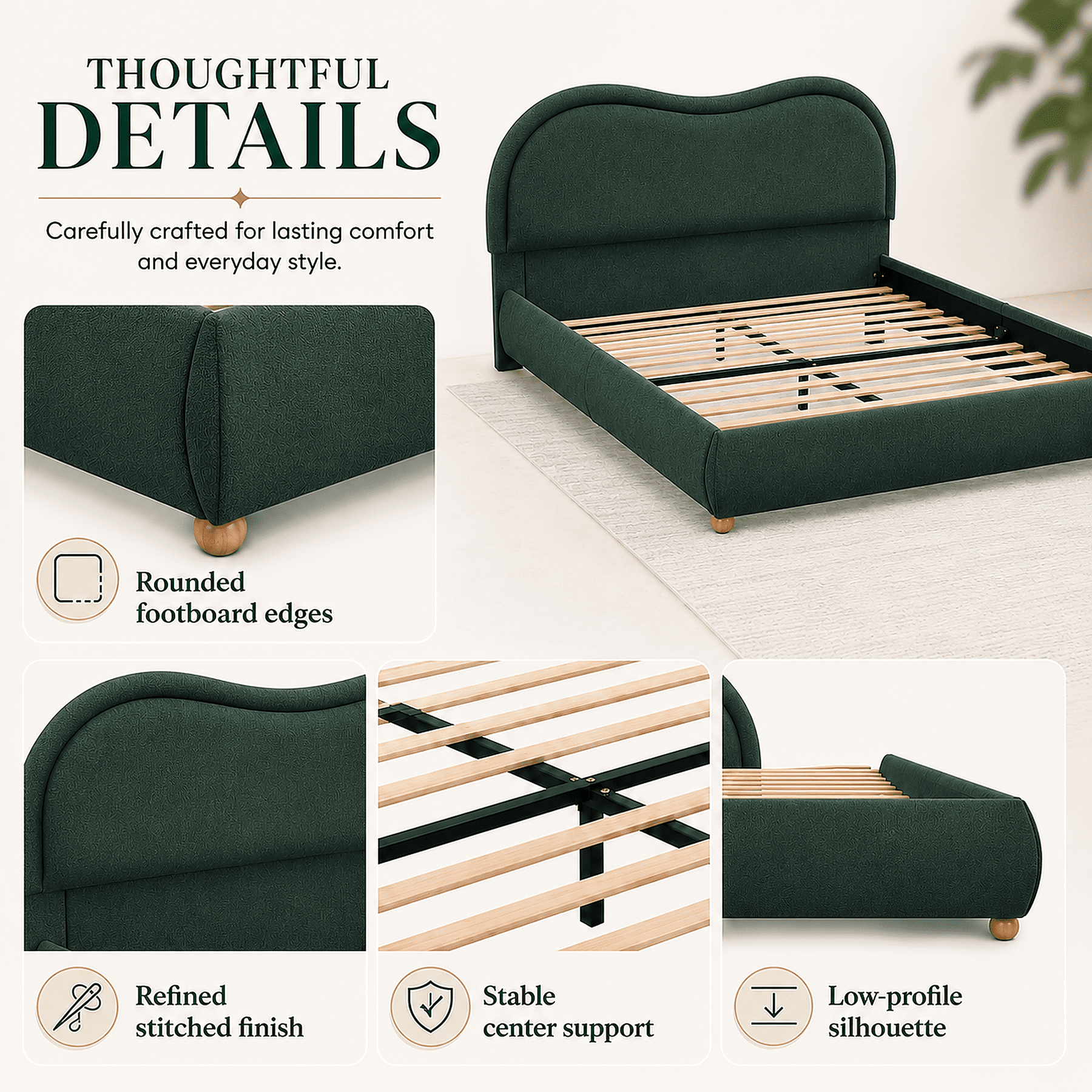 Miniyam King Bed Frame with Curved Headboard, Green Chenille Upholstered Platform Bed with Wooden Slats