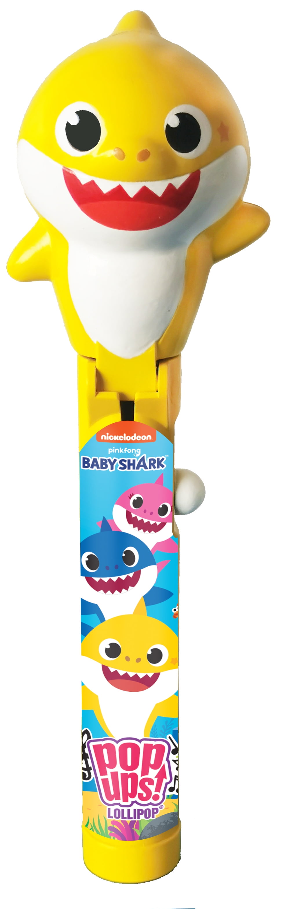 Baby Shark Talking Pop Up comes with a JUMBO lollipop, push the button,  open the character head and listen to everybody's favorite Baby shark Song!  