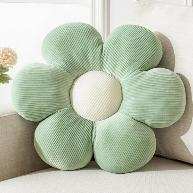 Cojín Vodoie con forma de flor de seis pétalos, 40 cm, felpa verde