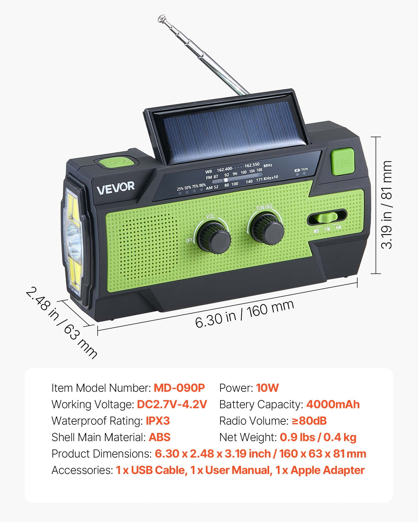 VEVOR Emergency Weather Radio, 4000mAh Battery, FM/AM/WB/NOAA Alert Solar Hand Crank Emergency Radio, with USB Charging Cable, SOS Alarm and Flashlight, Portable for Outdoor Emergencies, Camping