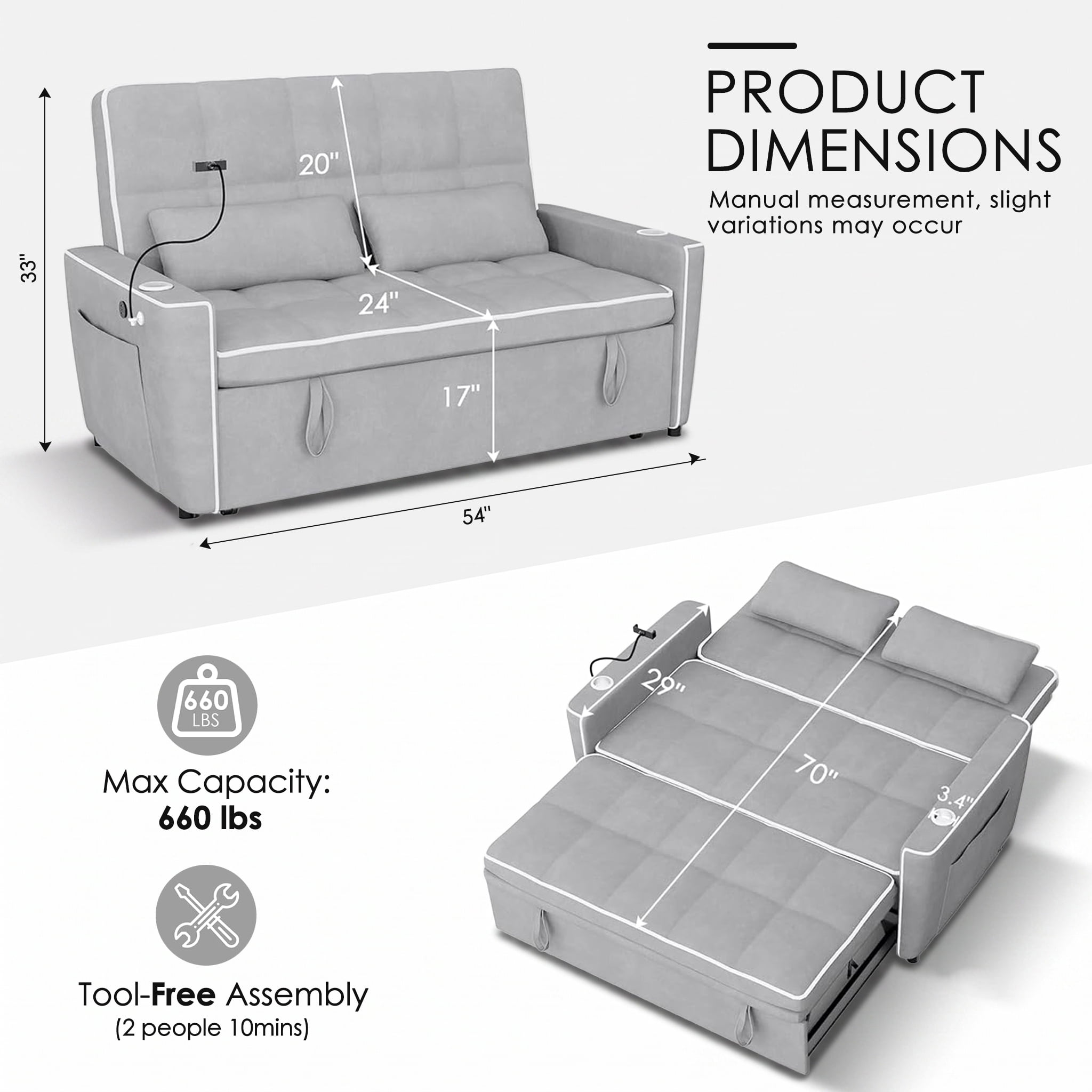 Howcool 54" Convertible Sleeper Sofa Bed, Pull Out Loveseat Couch with USB Port, Phone Holder & Cup Holder, Adjustable Backrest, Velvet Sofa for Living Room, Apartment, Light Gray