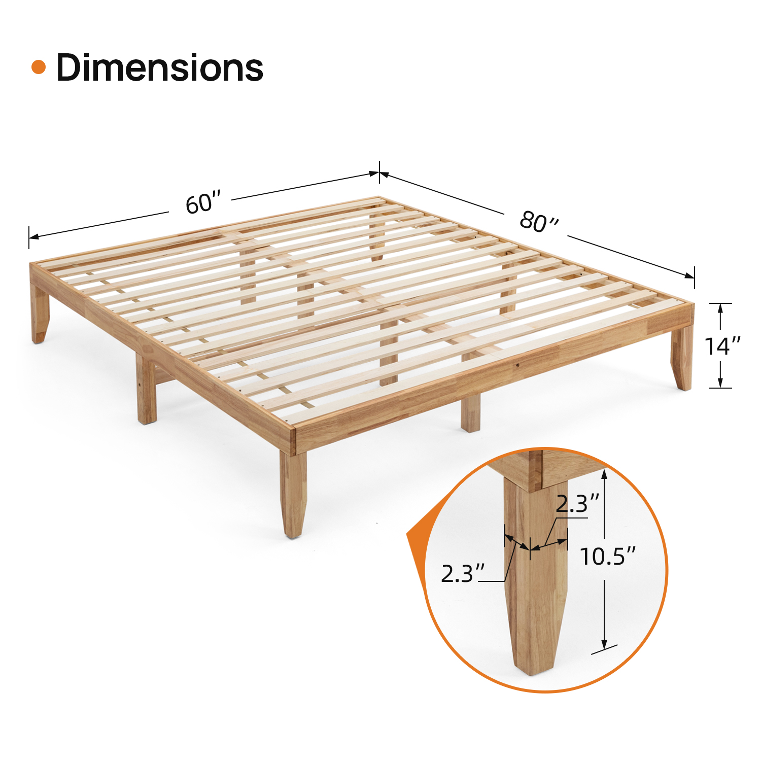 Queen Size 14 Inch Classic Solid Wood Platform Bed Frame Wooden Slats Bed Natural - image 5 of 9