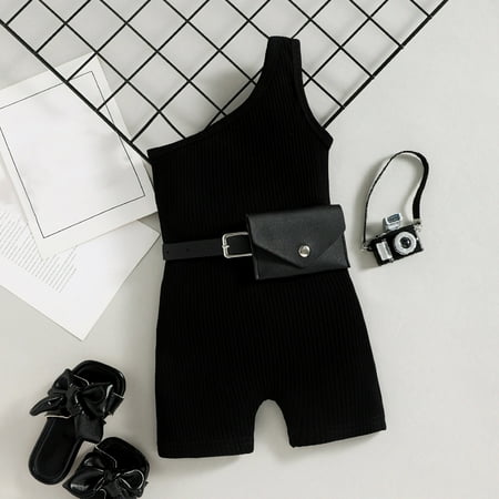 niuredltd toddler girls sleeveless romper solid ribbed off shoulder jumpsuit belt waist bag outfits