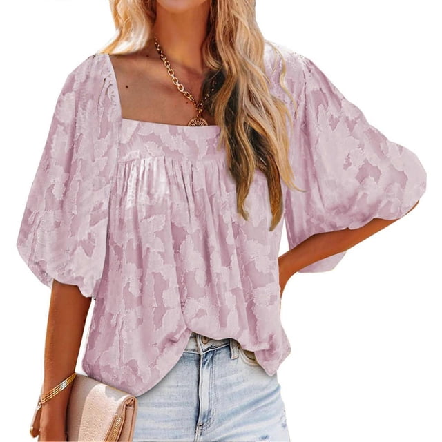 Puff Sleeve Top Polyester Fiber Elegant Soft Breathable Floral Pattern Square Neckline Top for Women