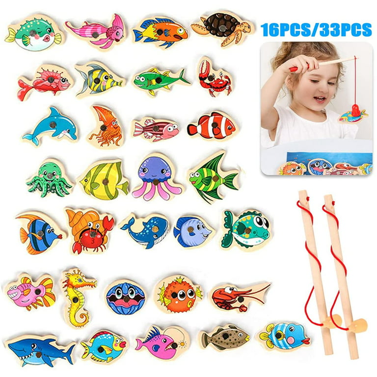 Willstar Magnetic Fishing Game Toys Set with Fish Rod Wooden Magnetic Fishing Game Pool Toys Cartoon Marine Life Cognition Fish Rod Toys for Kids