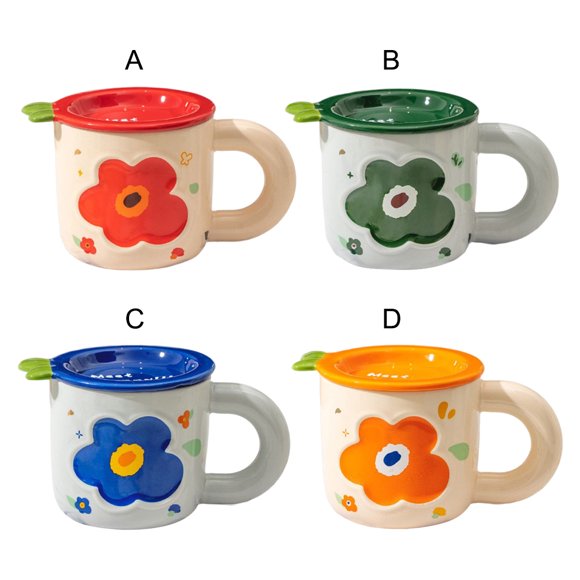 Mug Ceramic Lid Coffee Tea Milk Water Teacup Milk Water Mugs Flower Pattern Oatmeal Cup Handle Kitchen Office Cups Teacups Present Orange