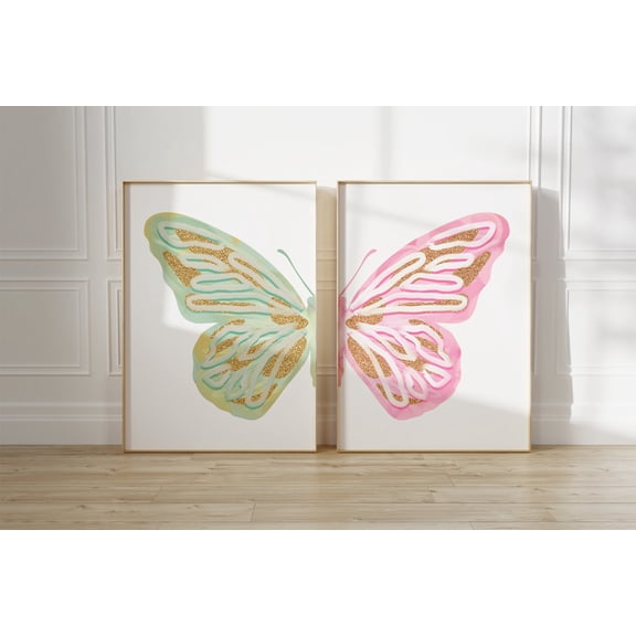 Pink Green Split Butterfly Wall Art Teen Girl Room Decor Aesthetic Trendy Calming Pastel Baby Nursery Set 2 Unframed Paper Print 8x12