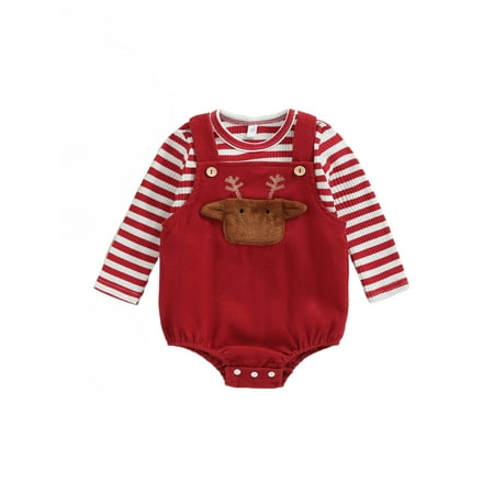 

Gwiyeopda Toddler Baby Girls Jumpsuit Outfit Striped Long Sleeve Pullover Tops and Elk Pattern Rompers Set