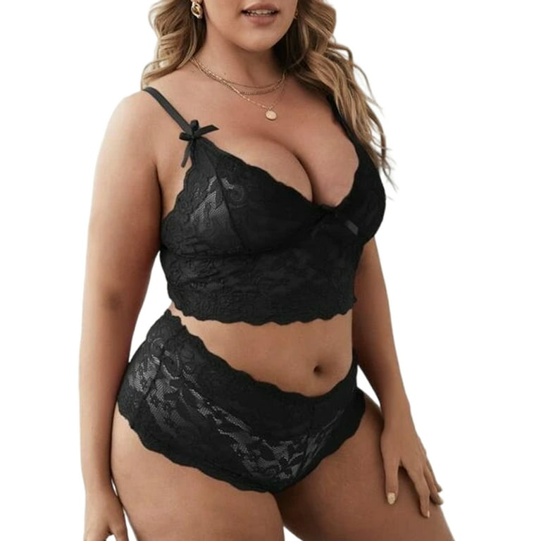 KAMAWO Plus Size Womens Sexy Lingerie Set See Through Sheer Bra Thong  Underwear Nightwear Sleepwear Black 5XL Black 5XL