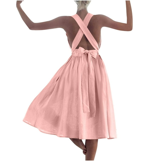 Mgmyaa Robe d'Été Aguichant pour Femmes Bretelles Plissée Unie Sans Manches Nœud Dos Croisé Midi Robe en Coton Lin Dos Nu Sans Bretelles