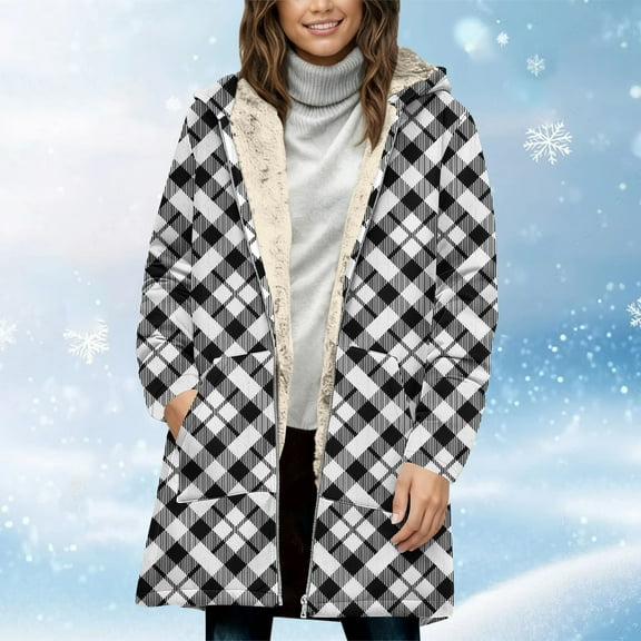 Pounoo Sherpa Fleece Lined Winter Coats for Women Plaid Zipper Up Thermal Hoodies Jacket Thicken Warm Casual Outerwear with Pockets Gift