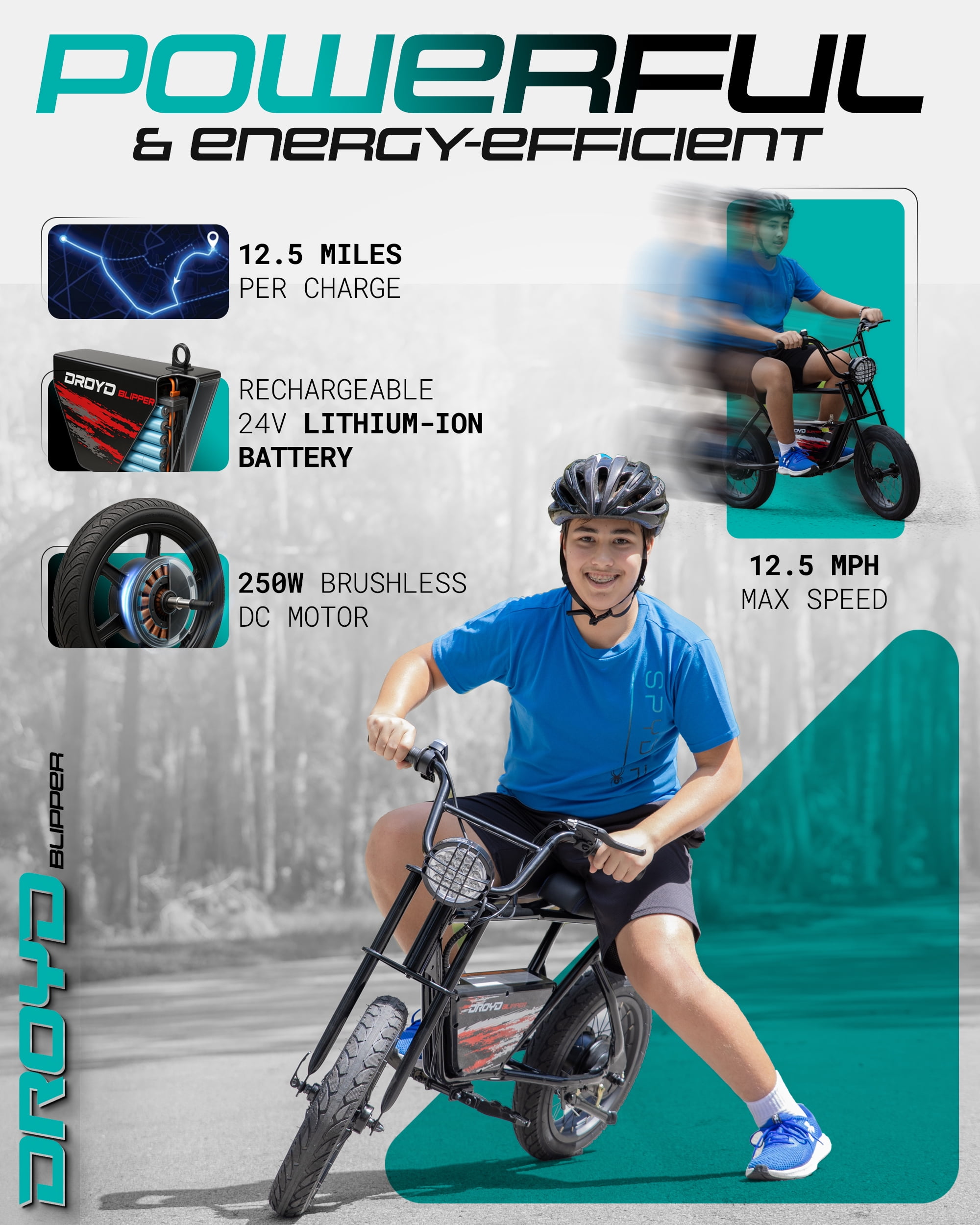 Droyd Blipper Electric Mini Bike - 250W for Teens 13+ | Safe Ride for Young Riders
