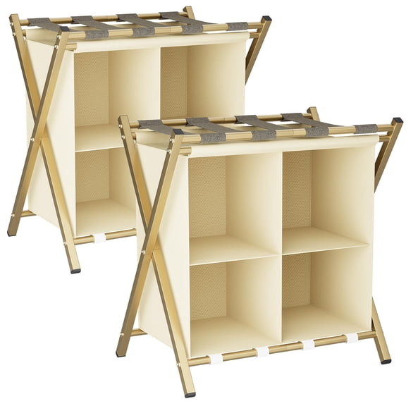 2 Pack Luggage Rack with storage, Guest Room Folding Suitcase Stands, Holds up to 120 lb, Space Saving Suitcase Holders for guest room, Bedroom Hotel, Gold