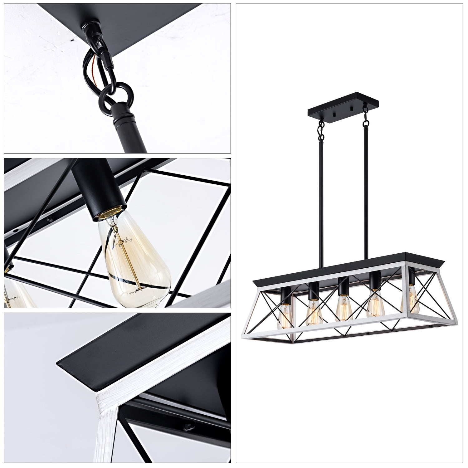 Black White Industrial 5-Light Pendant Chandelier 32 Inch, Metal Cage Design for Dining Room Kitchen, Black White