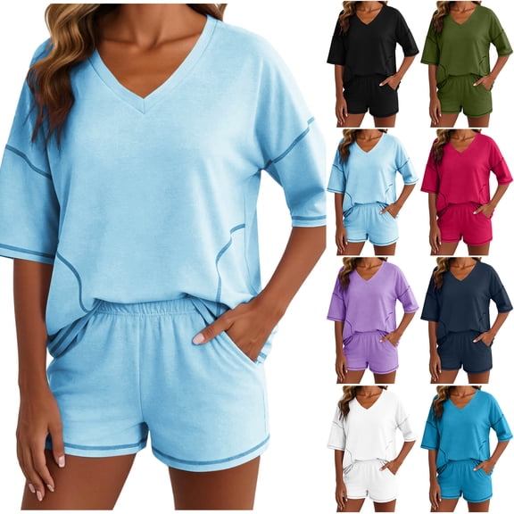 Bloomae Two Piece Sets for Women Summer Lounge Sets Casual Summer Short Sleeve Striped Shirts and Elastic Waist Short Pants with Pockets Loose Oversized Matching Outfit Set Black L