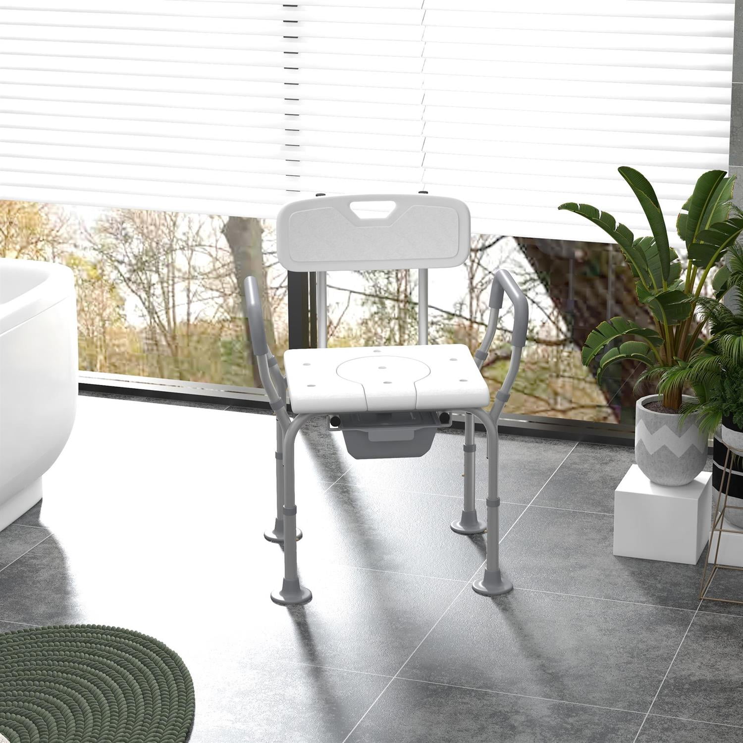 Demi Bonn 32" Adjustable Height Shower Chair with Back & Arms, Commode & Toilet Seat for Seniors & Disabled, Non-Slip Rubber Padding, White