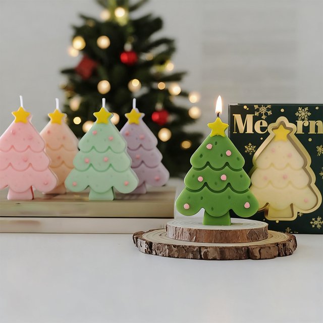 Cute Christmas Tree Gift Set, Christmas Candle, Tree Shape Decoration, Gift Candle, Festive Home Decor, Holiday Season, Romantic Vibe, Foldable Design, Wooden Base, For Bedroom