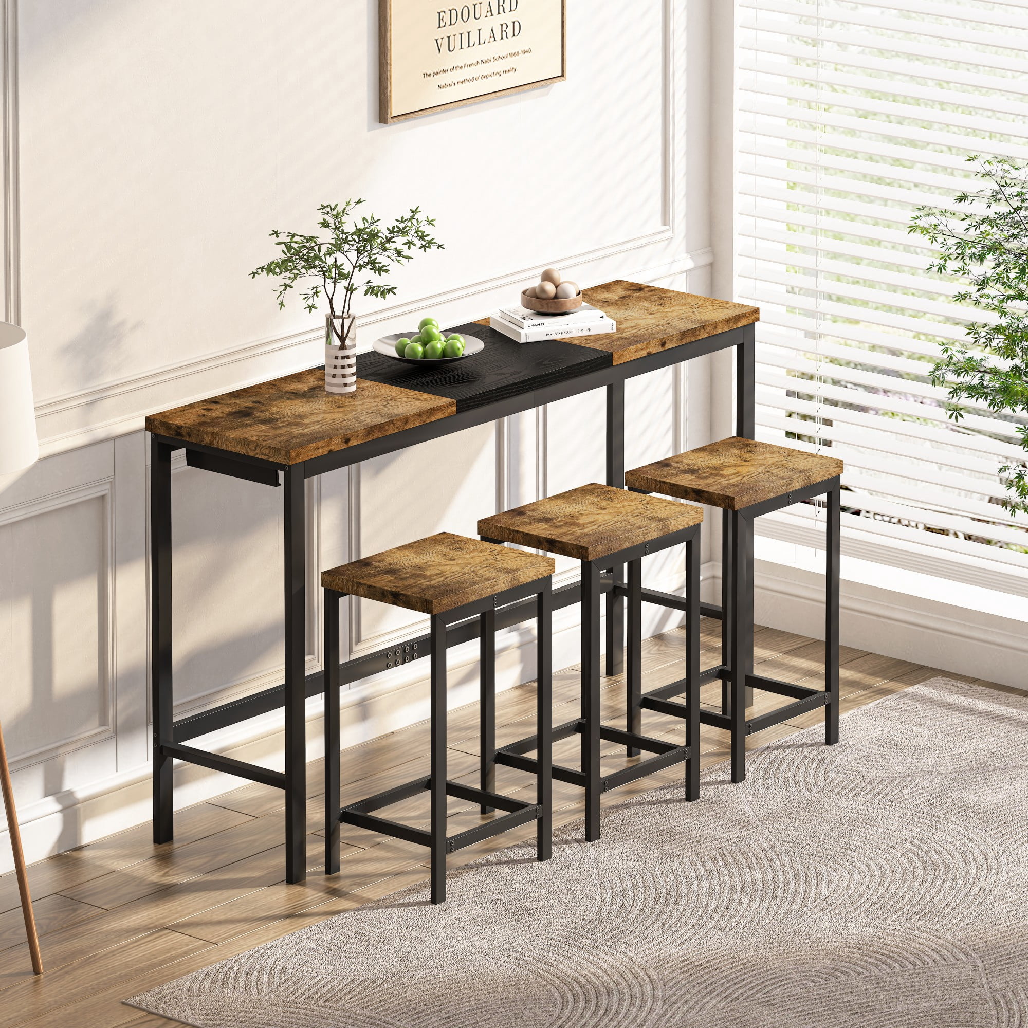 BSHTI 60.24" MDF Dining Room Table Set with Metal Frame, 3 Stools, Space-Saving Hanging Design for Kitchen（Natural+Black）