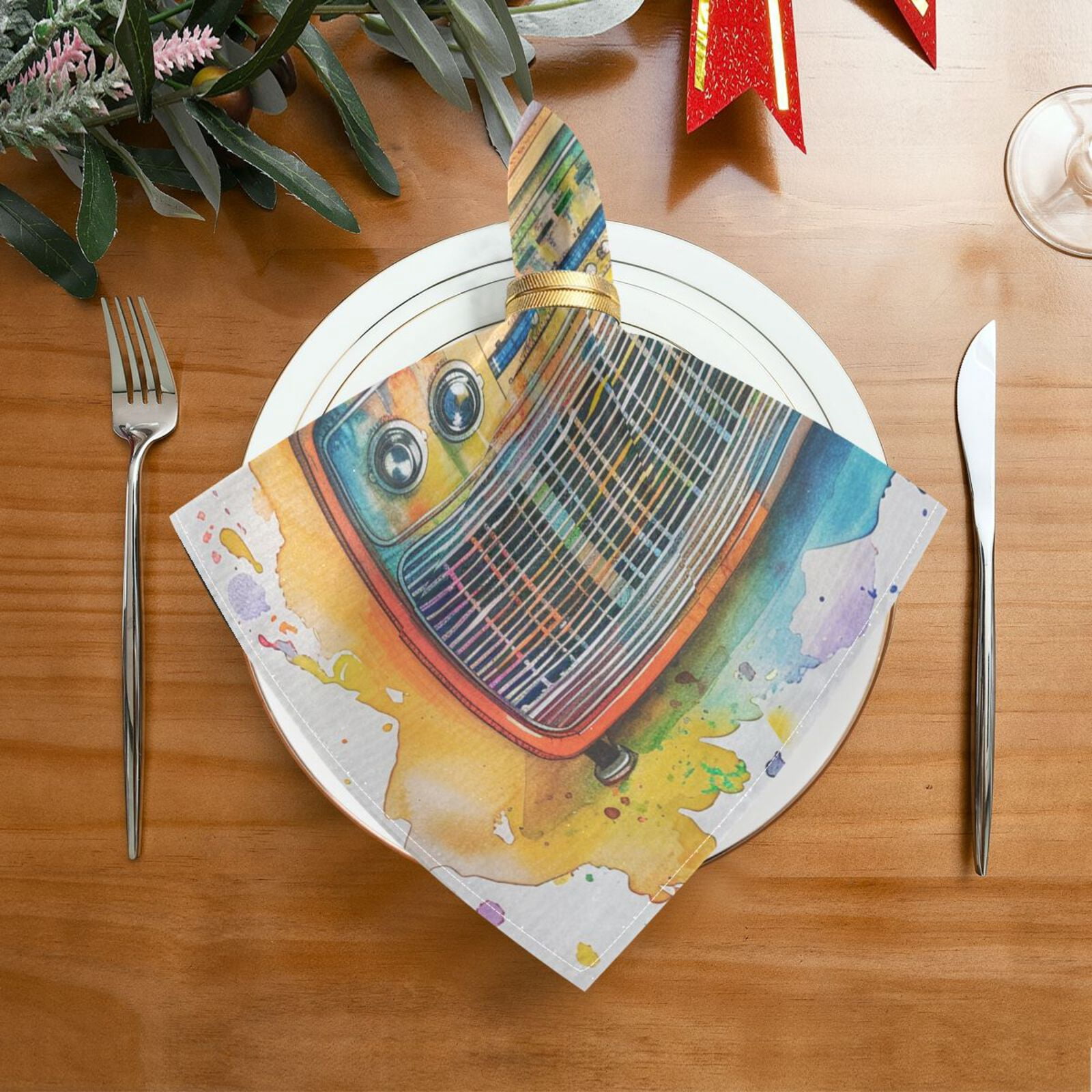JSTEL Music Note Rainbow Radio Cloth Napkins Set of 6, 20x20 Inch Washable and Reusable Napkin for Decoupage Dinner Party Everyday Use