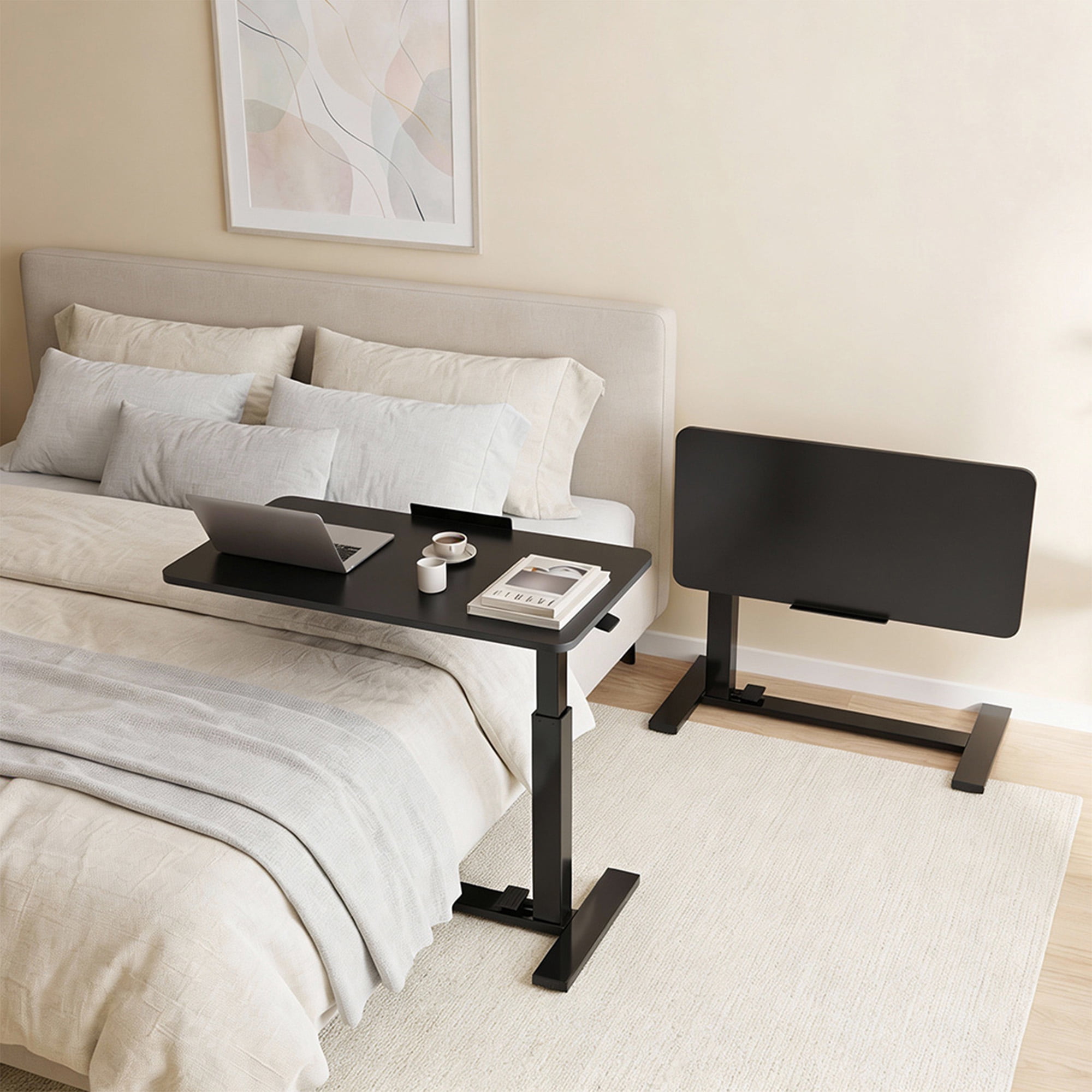 EDX Adjustable Overbed Table with Wheels, Rolling Laptop Bed Desk for Home Hospital Use, Height & Tilt Adjustable Mobile Table for Eating, Working, Reading， Black