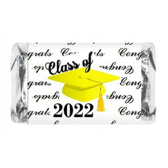 60 Graduation Cap Party Class of 2022 Miniatures Candy Bar Wrapper, (Set of 60) Mini Candy Chocolate Bar Stickers, Labels, Candy Not Included, Color Yellow