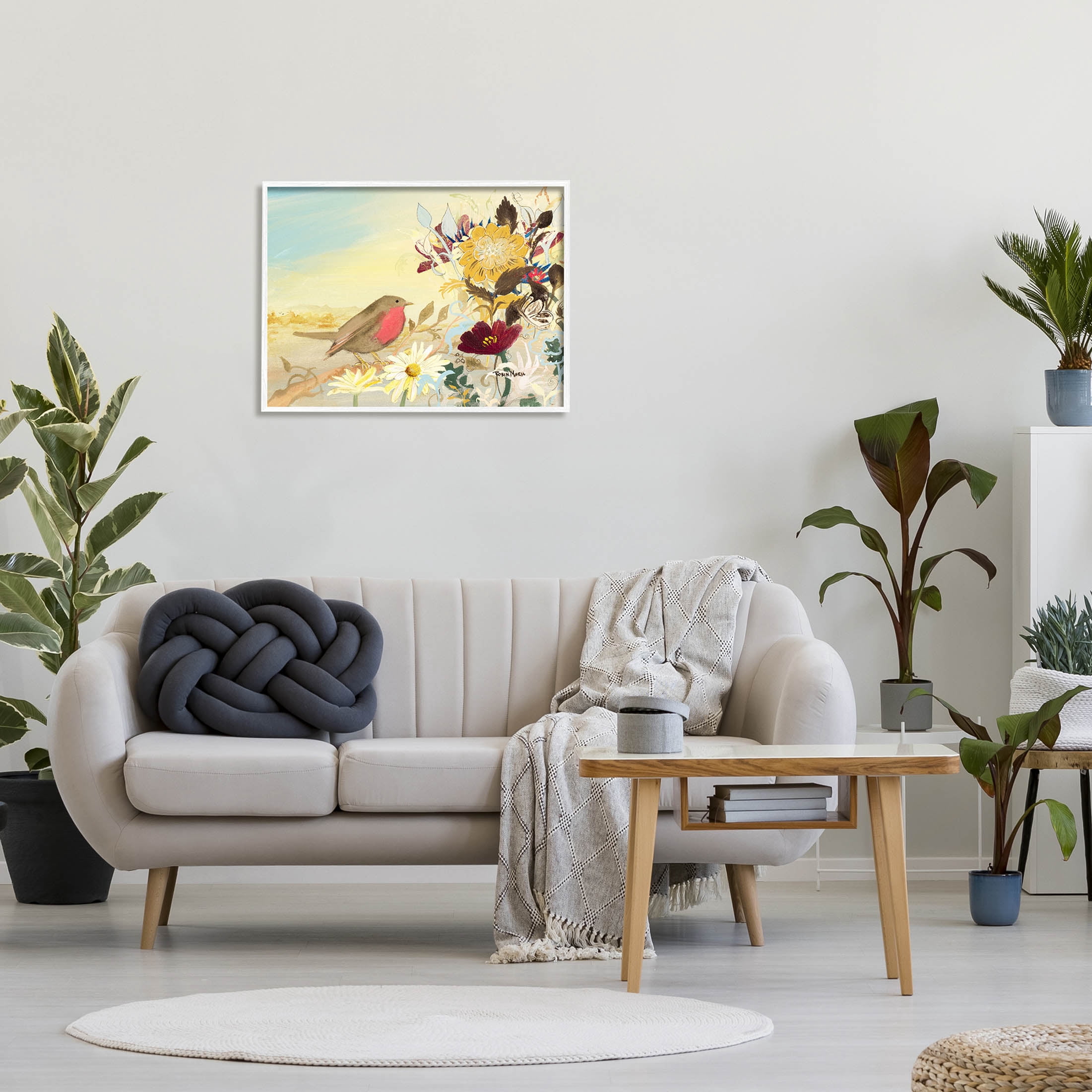 Stupell Industries Mixed Floral Bird Arrangement Painting White Framed Art Print Wall Art, Design by Robin Maria