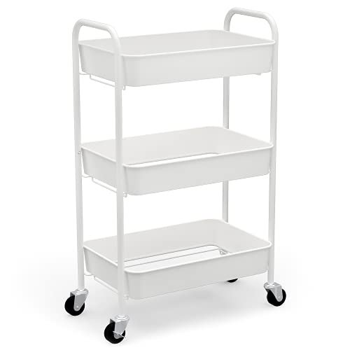 Caxxa 3-Tier Rolling Metal Storage Organizer - Mobile Utility Cart Kitchen Cart With Caster Wheels, White