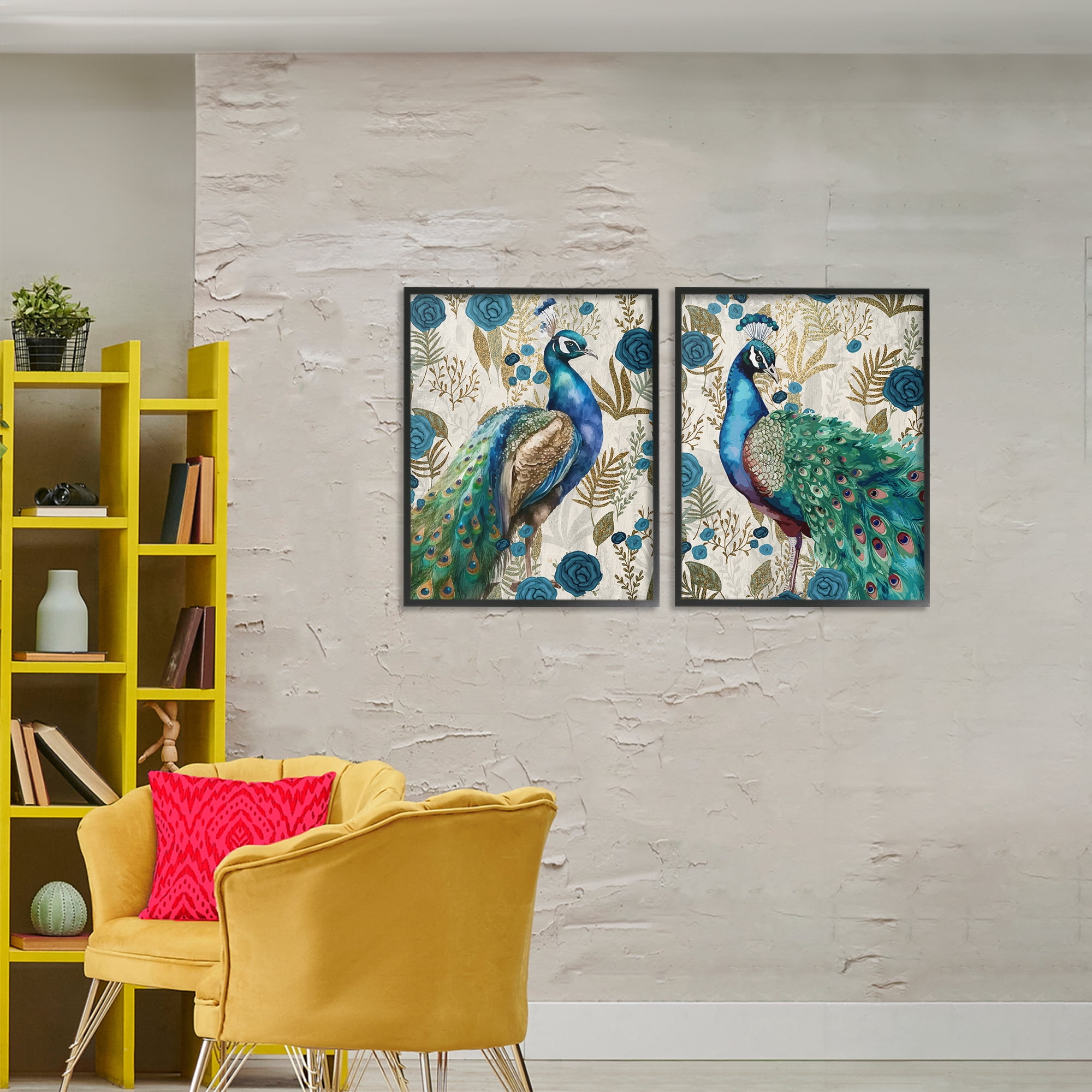 Stupell Industries Floral Peacock Pride 2 Piece Black Framed Giclee Art Set, design by Kim Allen