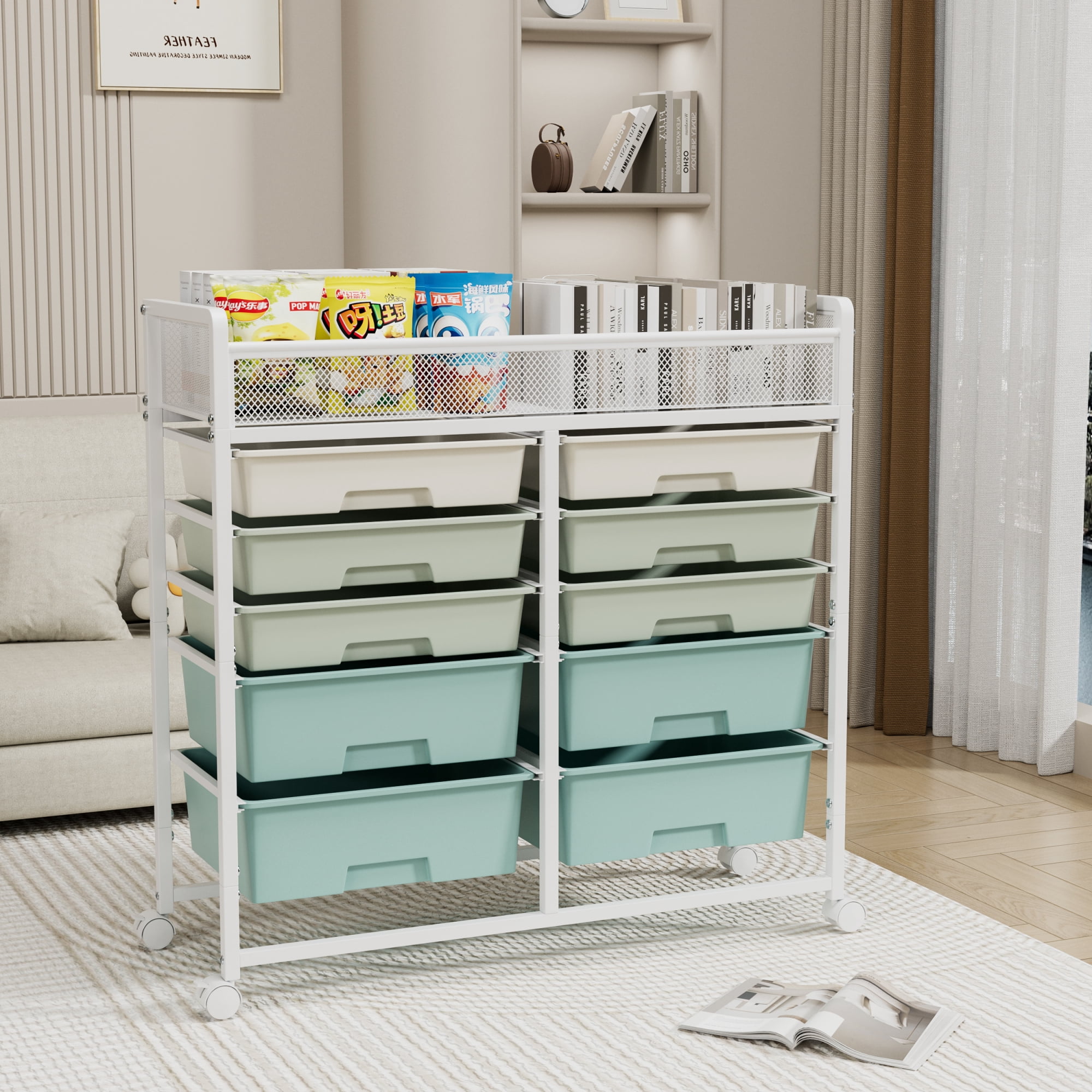 5-Tier Rolling Utility Cart,Large Capacity 2-Row Rolling Storage Cart with 10 Drawer,Metal Utility Storage Organizer with Wheels for Kitchen,Bedroom,Office,Blue