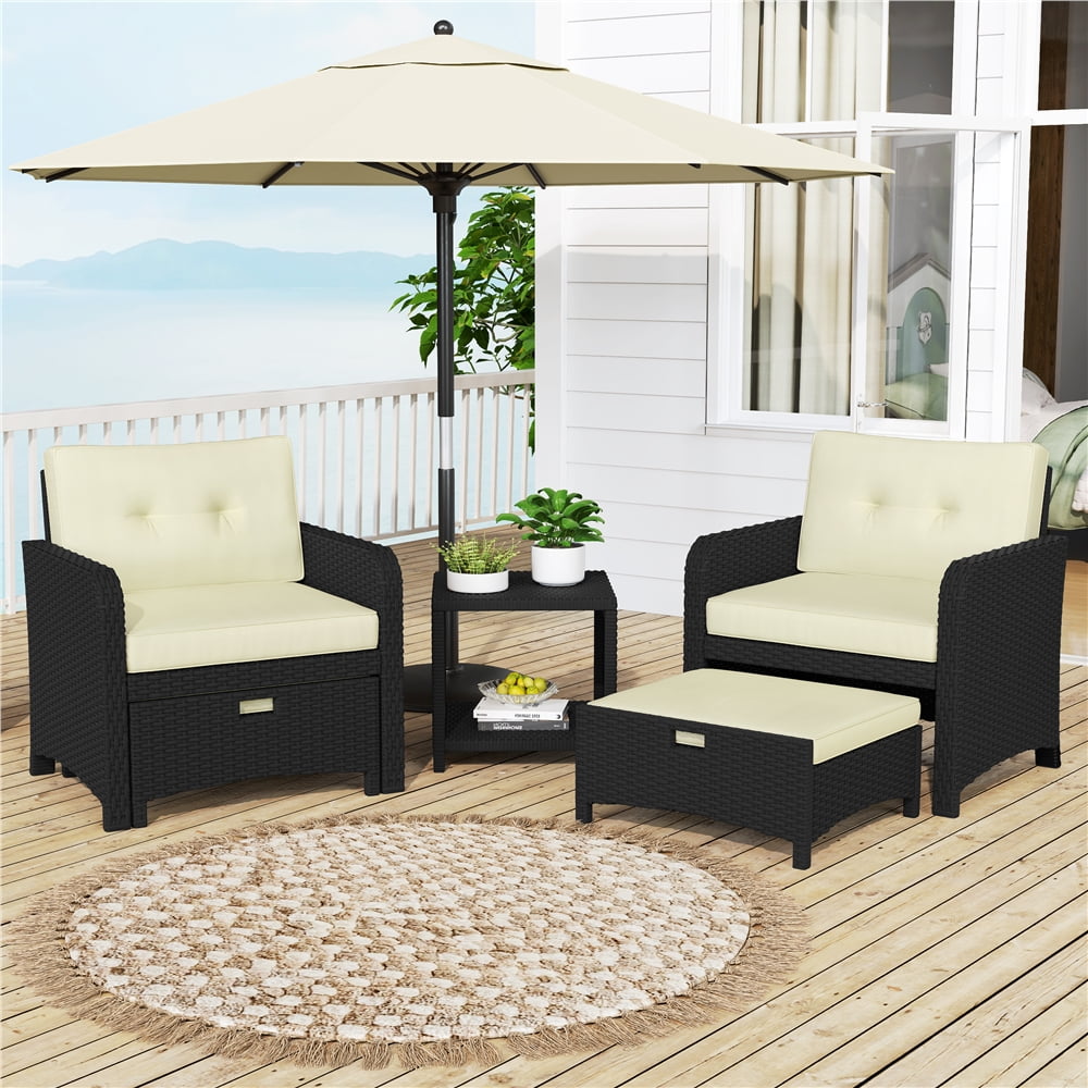 Yaheetech 5-Piece Patio Furniture Set with Rattan Side Table & 2 Chairs & 2 Ottomans, Black/Beige