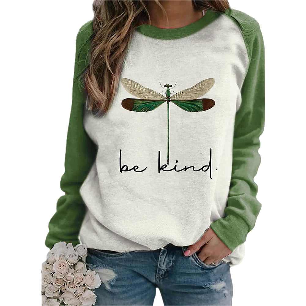 Hotkey Long Sleeve Shirts for Women Casual Round Neck Dragonfly Printed Tops Comfy Color Block Patchwork T Shirts 