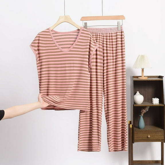 Sakmal Plus Size Pajama Set for Women Pink Soft Sleeveless Modal Loungewear V Neck Striped Pjs Sets for Women