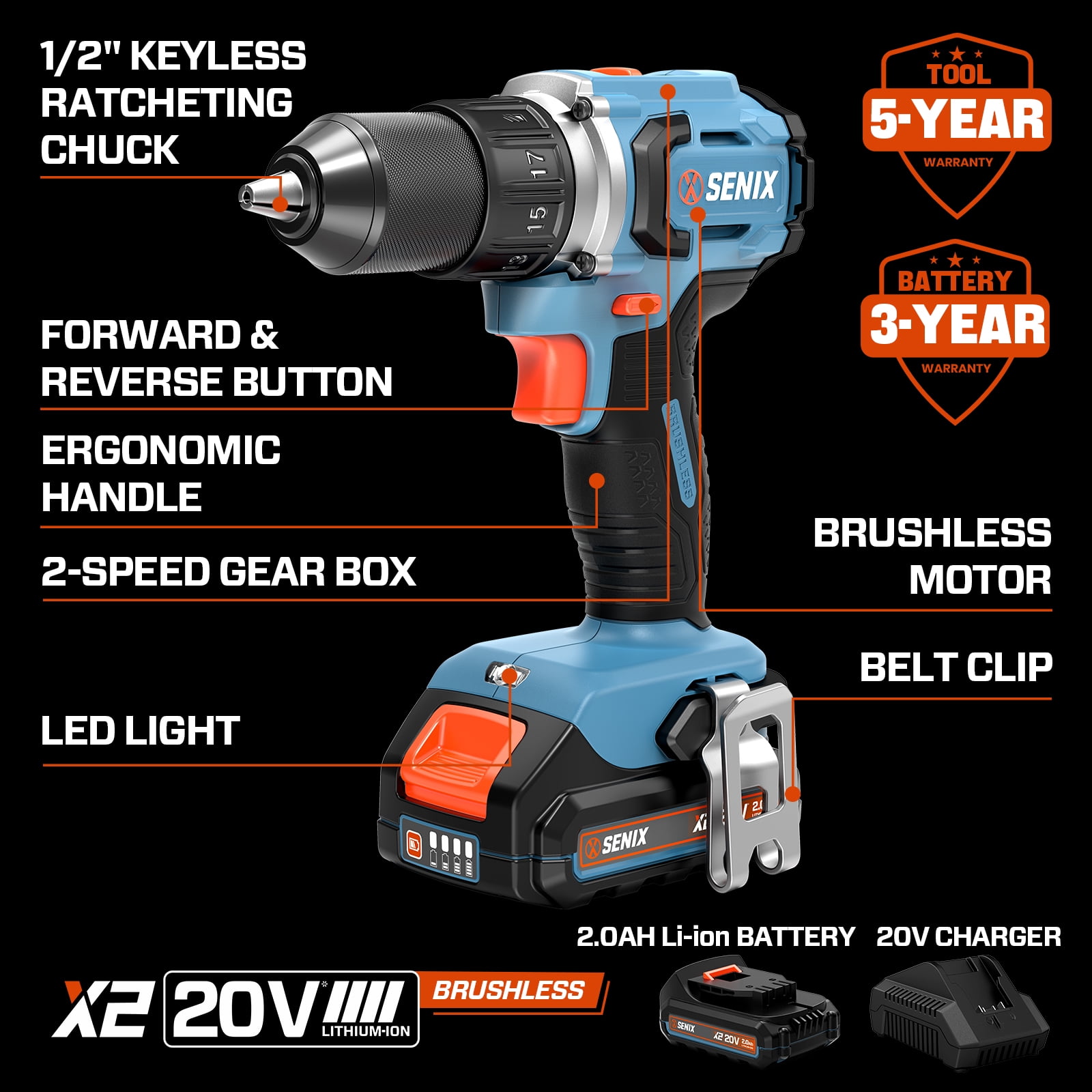 SENIX 20 Volt Max* Brushless 1/2-Inch Drill Driver, 45 Foot-Pounds of Max Torque, 2000 RPM Max, (Battery, Charger and Soft Bag Included) PDDX2-M2