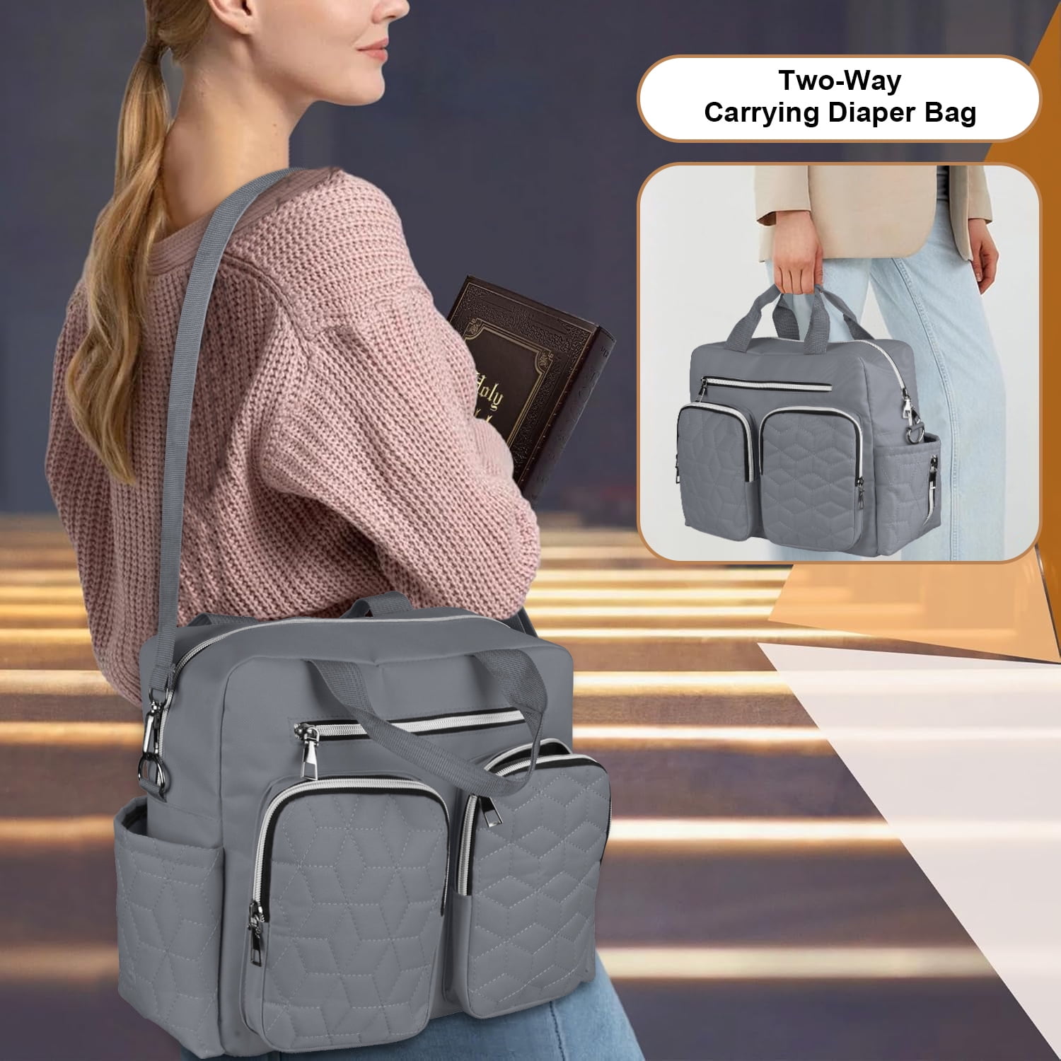 Diaper Bag Tote,AILKIN Baby Diaper Bag with 3 Insulated Pockets Adjustable Shoulder Strap Dry & Wet Compartment Large Capacity Bag Maternity Mommy Travel Diaper Bag for Boys Girls,Women(Gray)