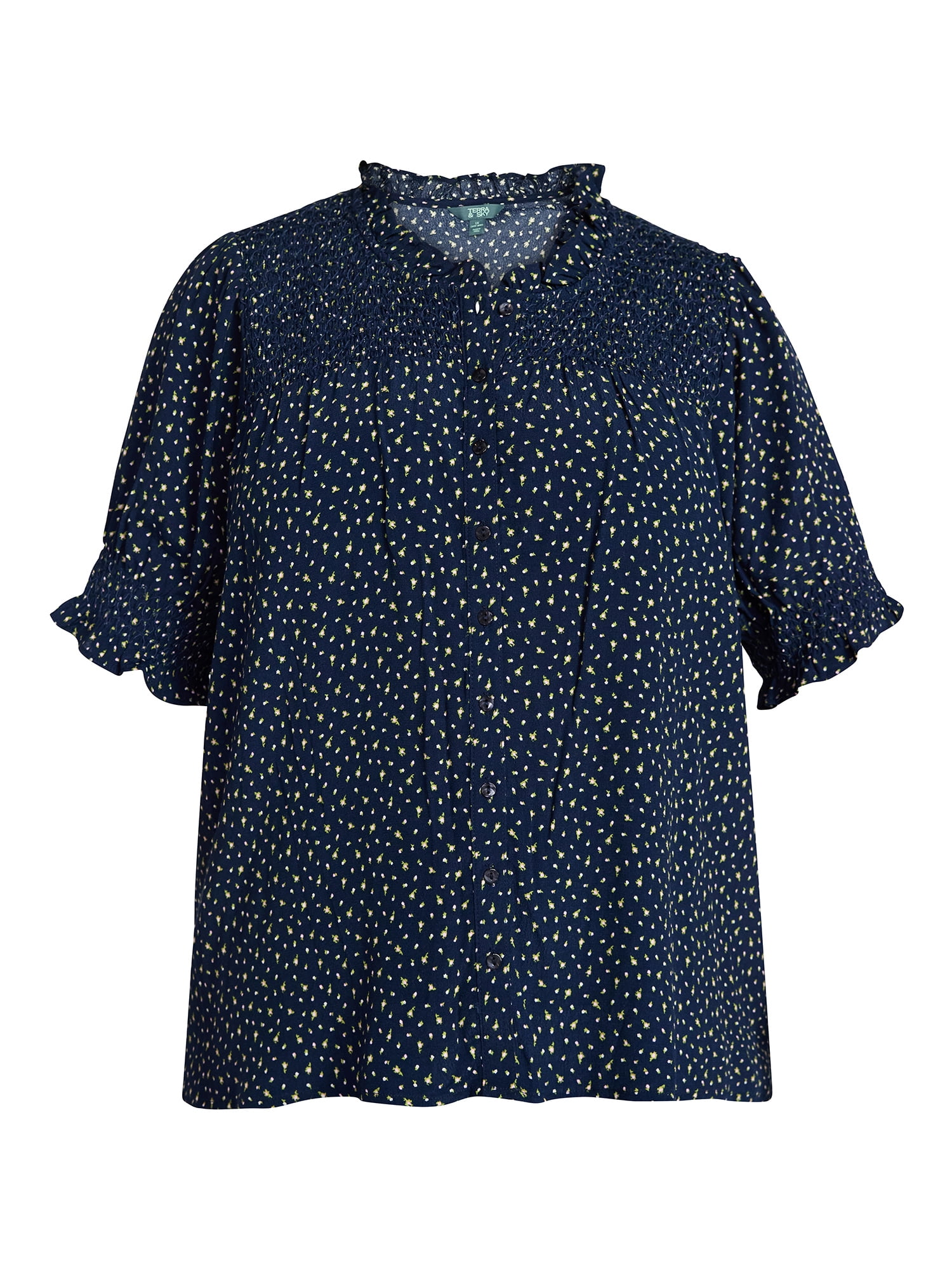 Terra & Sky Women's Plus Size Smock Yoke Top with Elbow Sleeves, Sizes 0X-5X